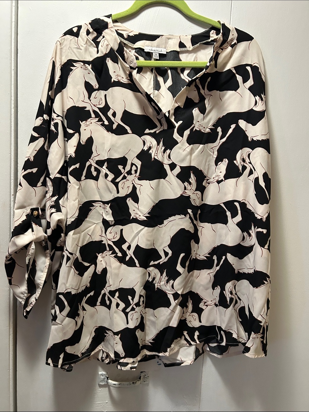 white birch Black & Cream Horse-Print V-Neck Blouse
